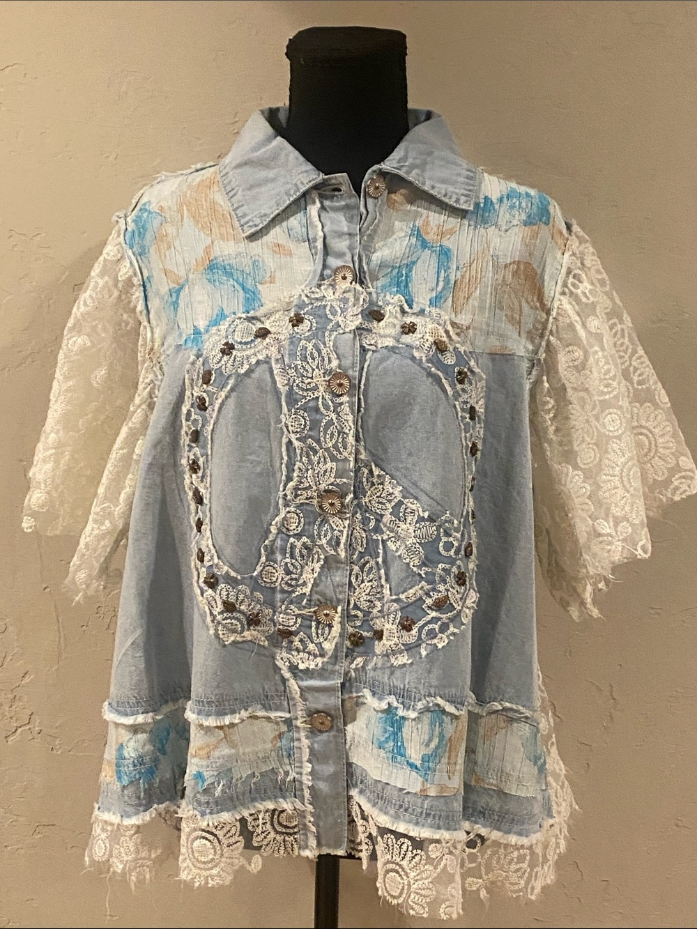 POL Light Blue Denim Shirt w/ Contrast Stitches and lace embellishments. Sz SM.